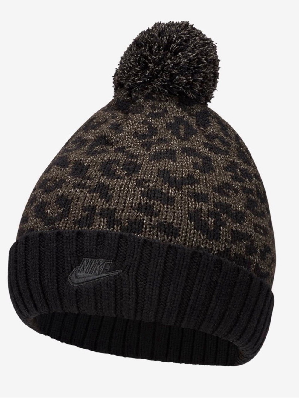 Nike Women's Fleece Lined Leopard Print Pom Beanie Hat One Size